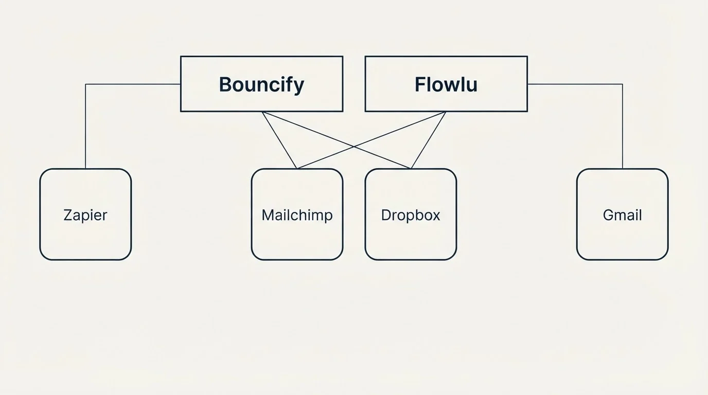 Integration grid: Integration Ecosystem (Bouncify, Flowlu, Mailchimp, Dropbox)