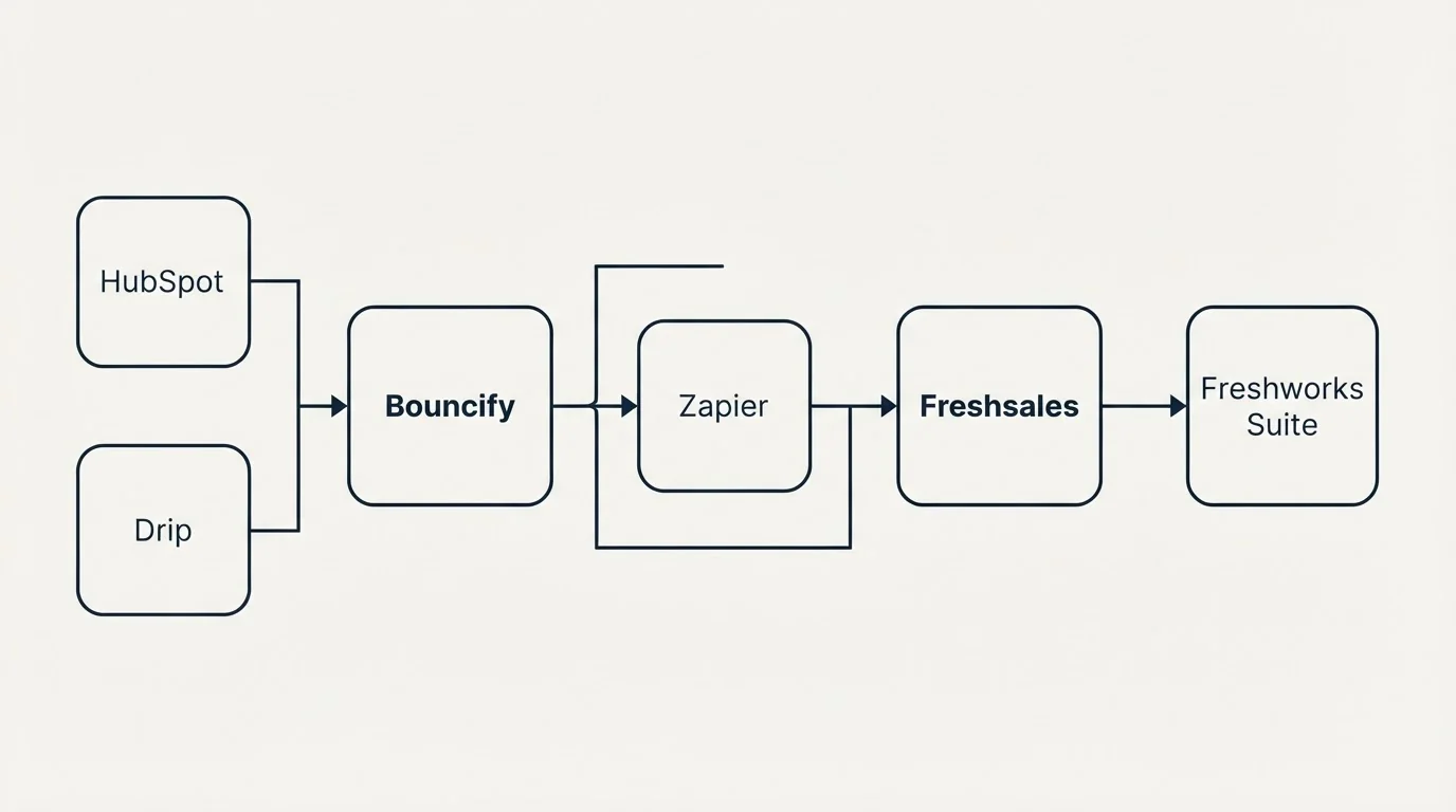 Integration flow: Integration Ecosystem (Bouncify, Freshsales, Zapier, HubSpot)
