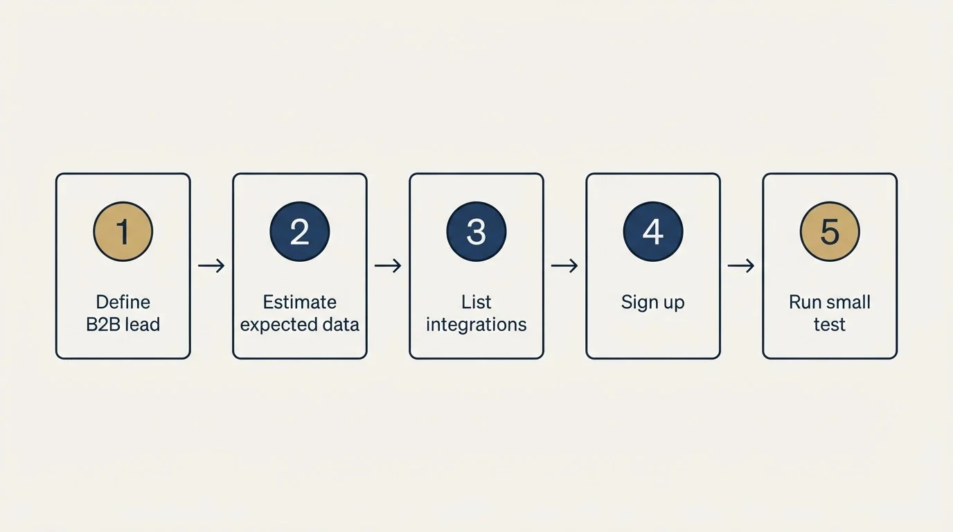 Step sequence: Getting Started Checklist (Define B2B lead, Estimate expected data, List integrations, Sign up)