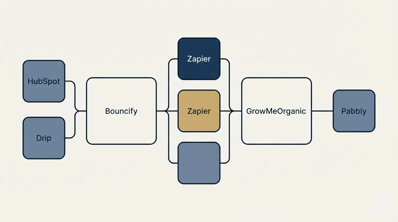 Integration schematic: Integration Ecosystem (Bouncify, GrowMeOrganic, Zapier, HubSpot)