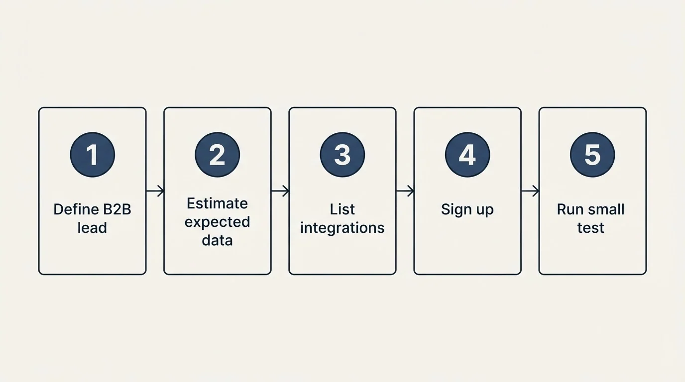 Step sequence: Getting Started Checklist (Define B2B lead, Estimate expected data, List integrations, Sign up)