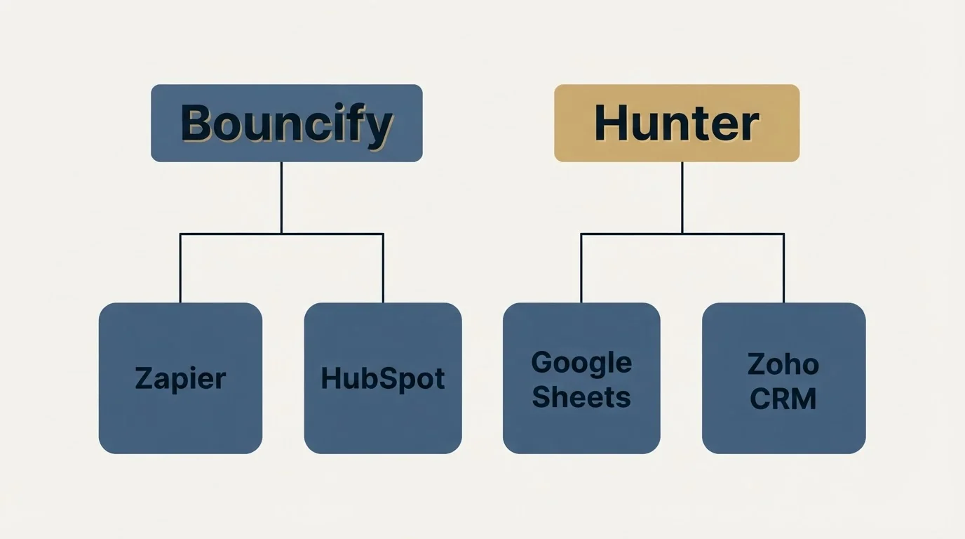 Integration grid: Integration Ecosystem (Bouncify, Hunter, Zapier, HubSpot)