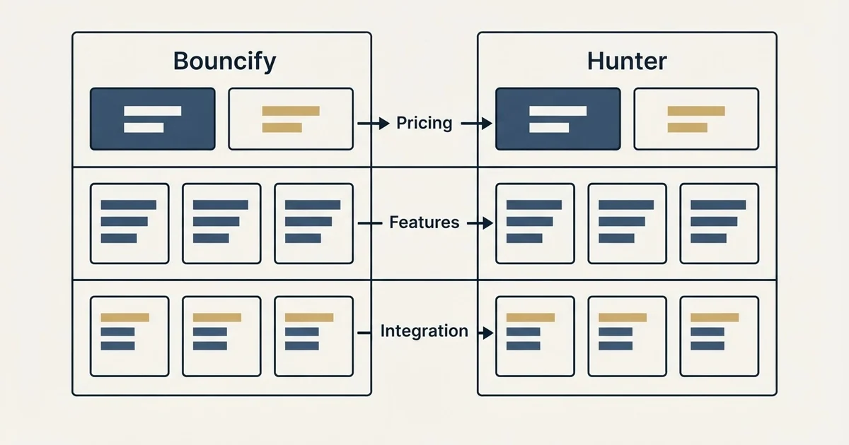 Comparison panel: Bouncify vs Hunter (Pricing, Features, Integration)