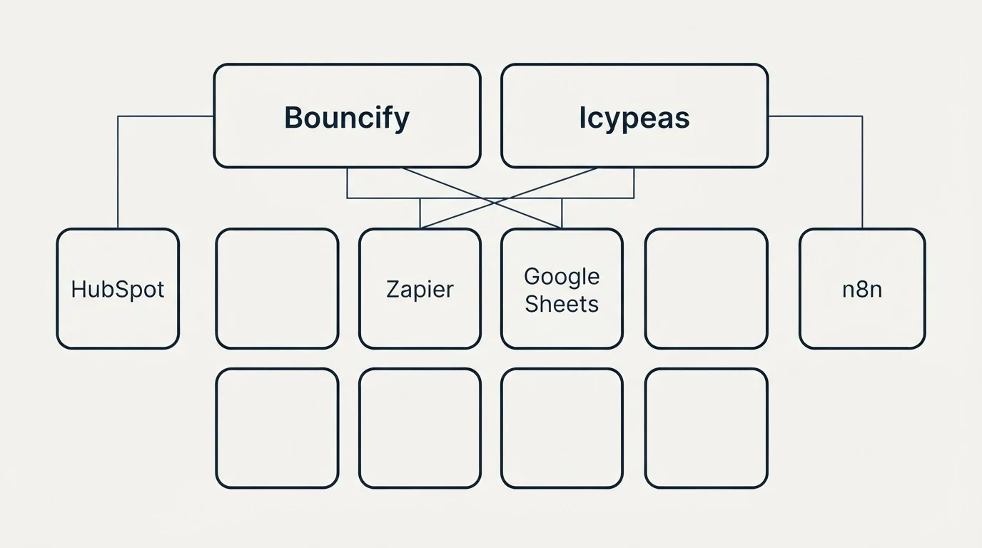Integration grid: Integration Ecosystem (Bouncify, Icypeas, Zapier, Google Sheets)