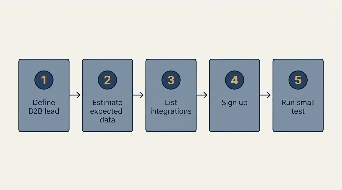 Step sequence: Getting Started Checklist (Define B2B lead, Estimate expected data, List integrations, Sign up)
