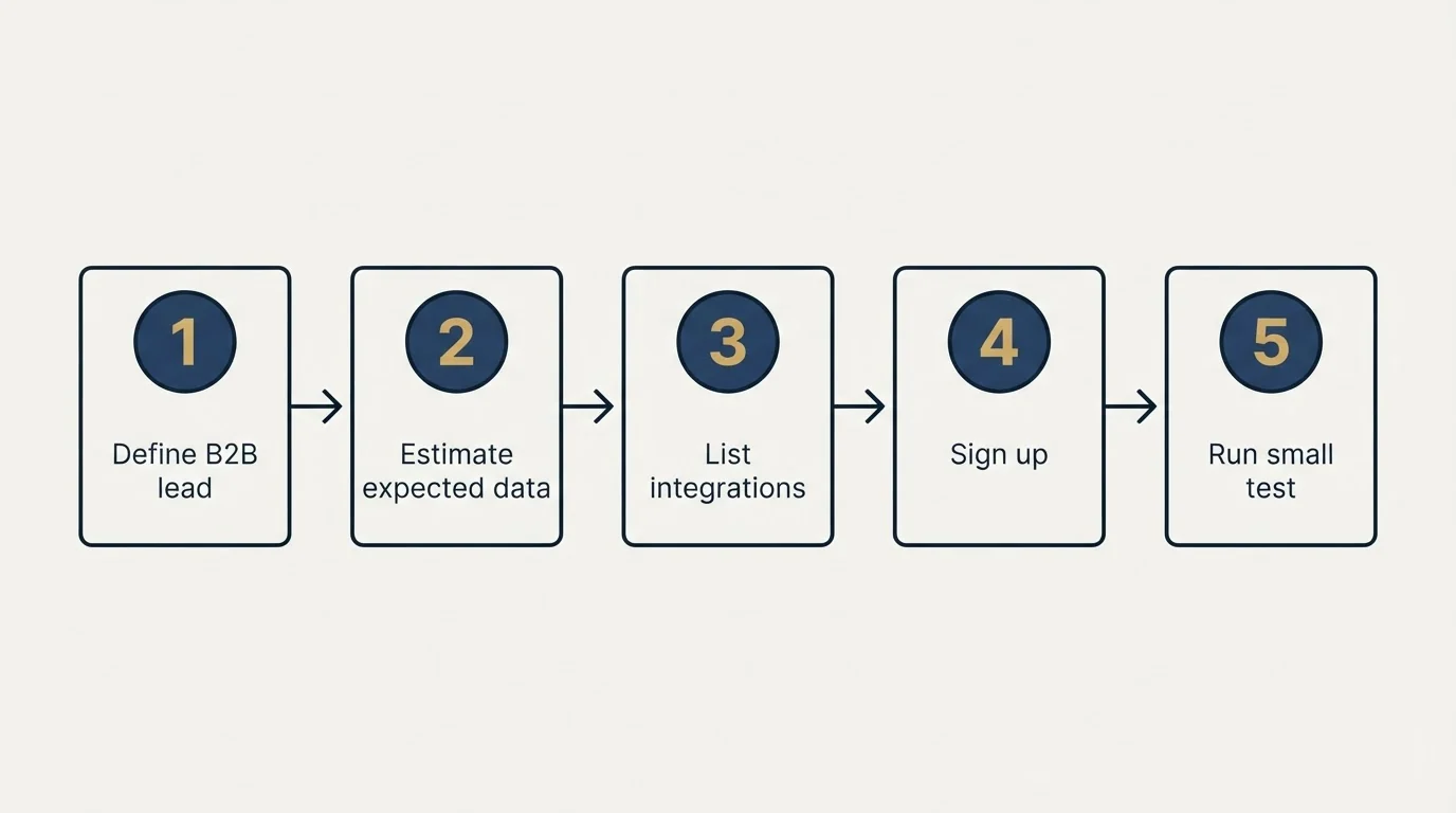 Step sequence: Getting Started Checklist (Define B2B lead, Estimate expected data, List integrations, Sign up)