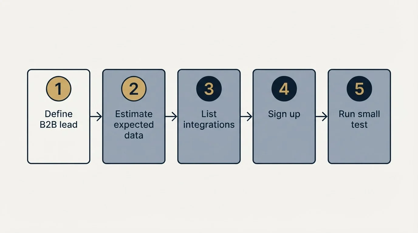 Step sequence: Getting Started Checklist (Define B2B lead, Estimate expected data, List integrations, Sign up)