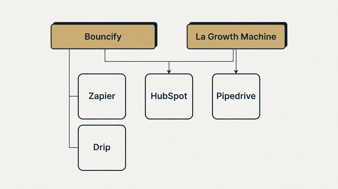 Integration grid: Integration Ecosystem (Bouncify, La Growth Machine, HubSpot, Zapier)