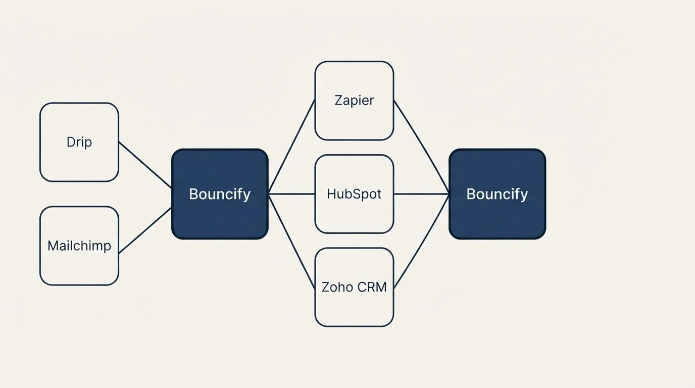 Integration schematic: Integration Ecosystem (Bouncify, Zapier, HubSpot, Zoho CRM)