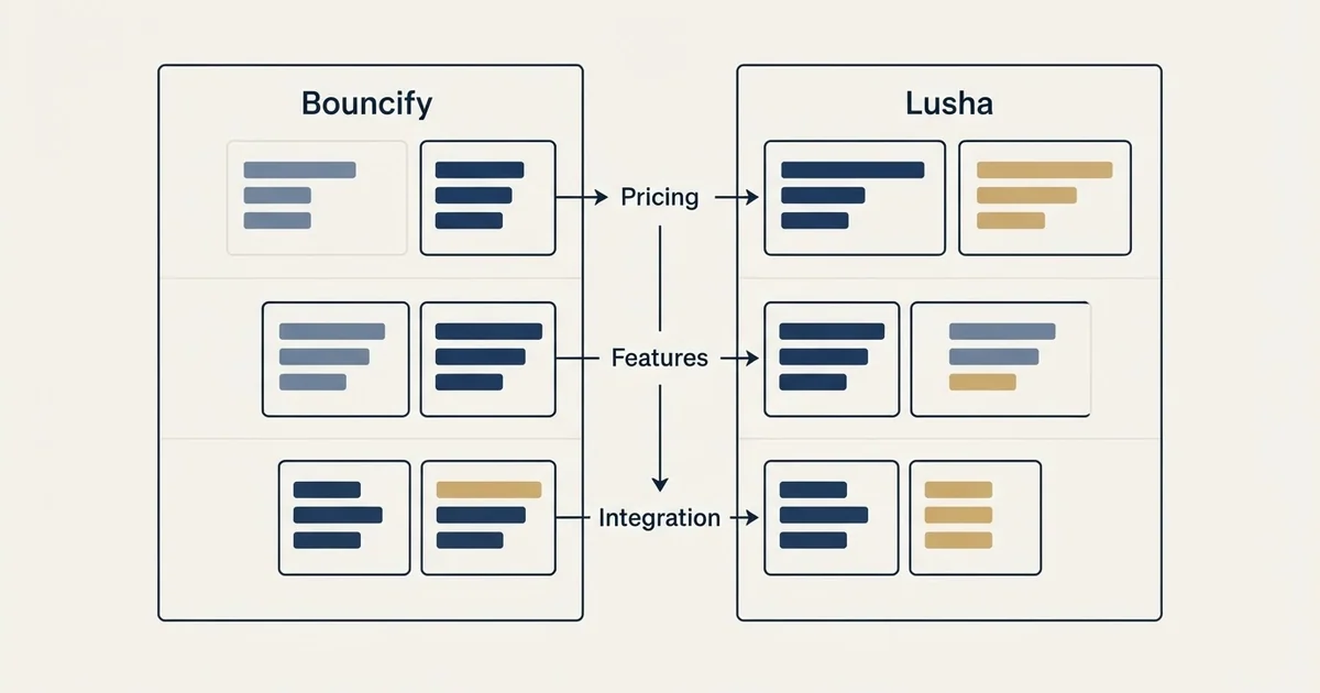 Comparison panel: Bouncify vs Lusha (Pricing, Features, Integration)