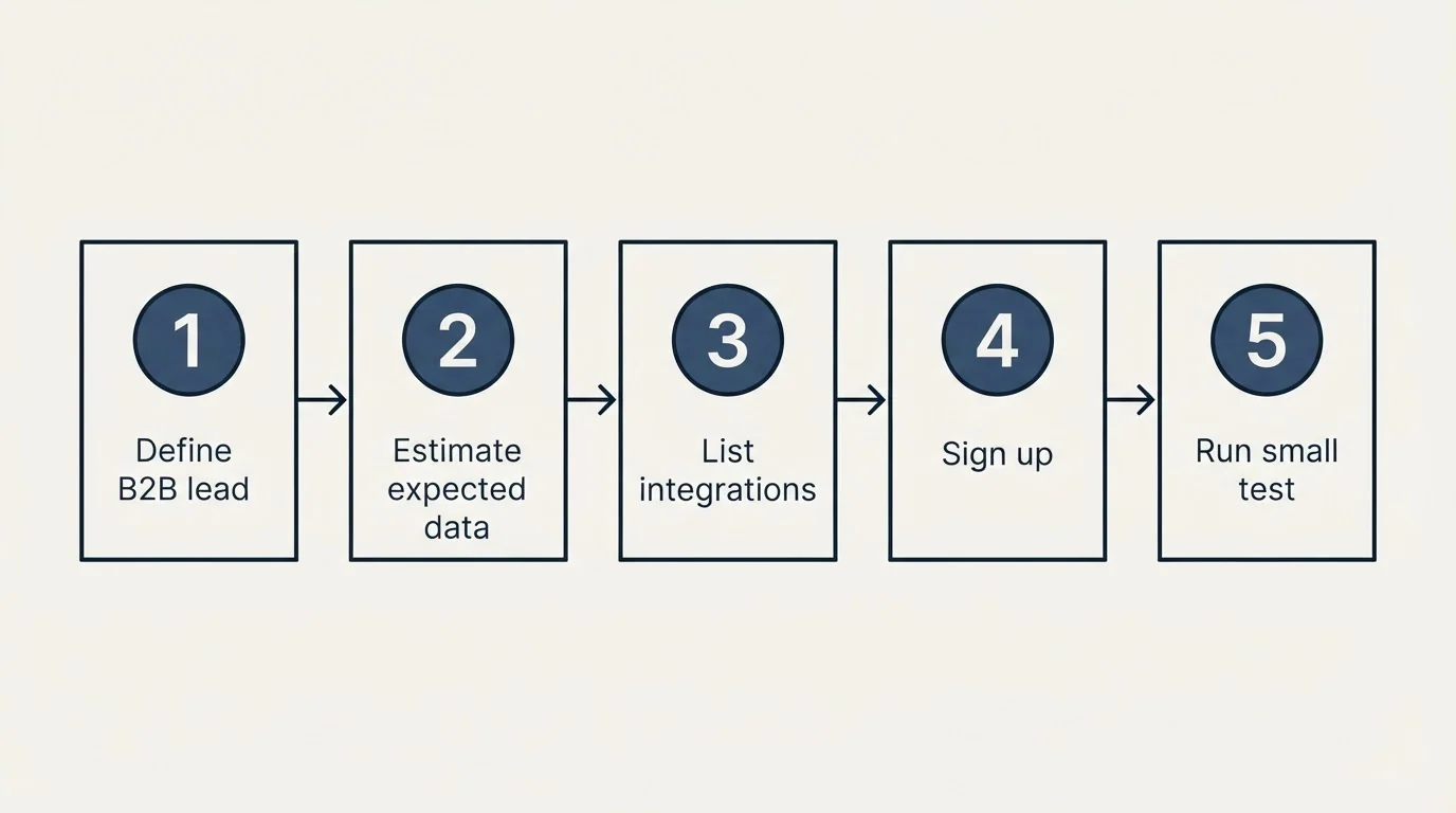 Step sequence: Getting Started Checklist (Define B2B lead, Estimate expected data, List integrations, Sign up)
