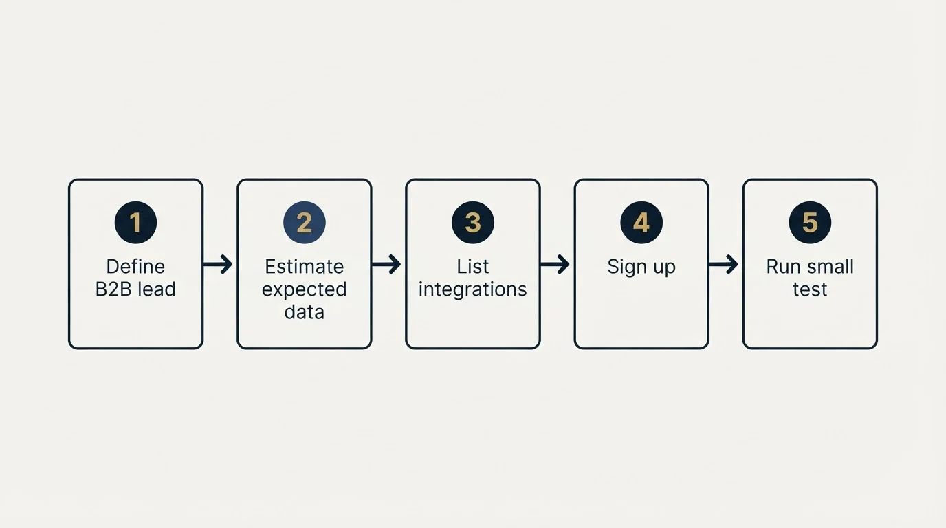 Step sequence: Getting Started Checklist (Define B2B lead, Estimate expected data, List integrations, Sign up)