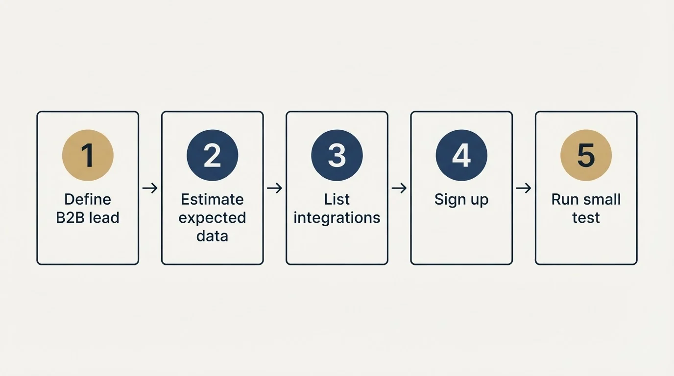 Step sequence: Getting Started Checklist (Define B2B lead, Estimate expected data, List integrations, Sign up)