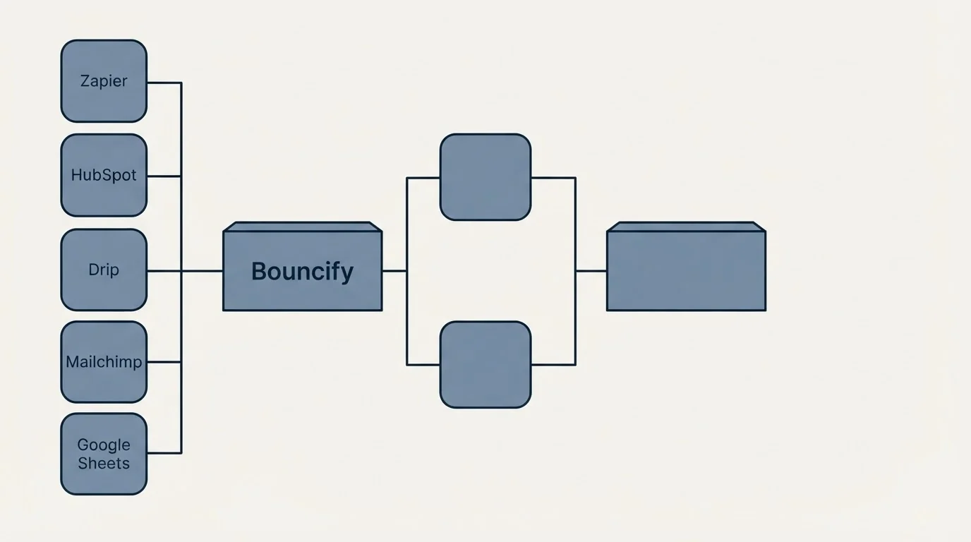 Integration flow: Integration Ecosystem (Bouncify, Zapier, HubSpot, Drip)