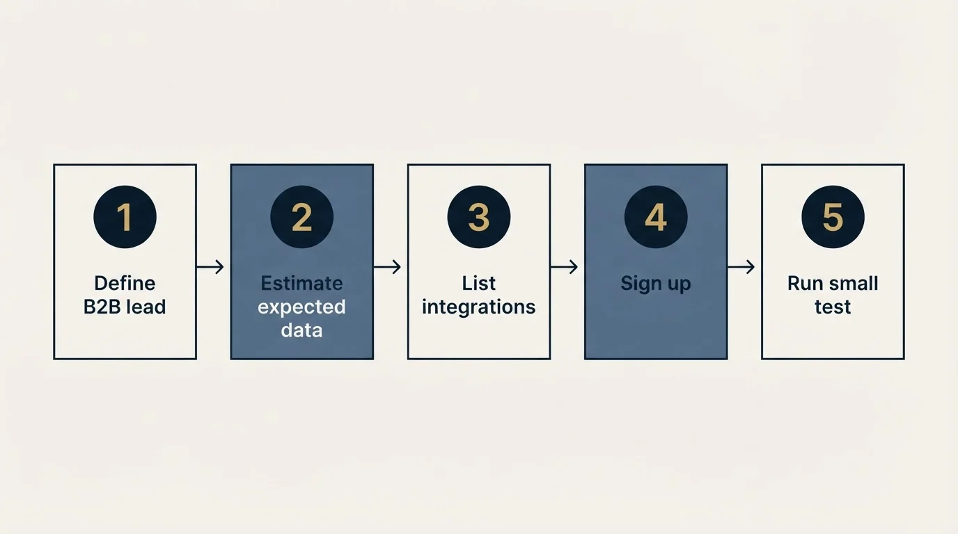 Step sequence: Getting Started Checklist (Define B2B lead, Estimate expected data, List integrations, Sign up)