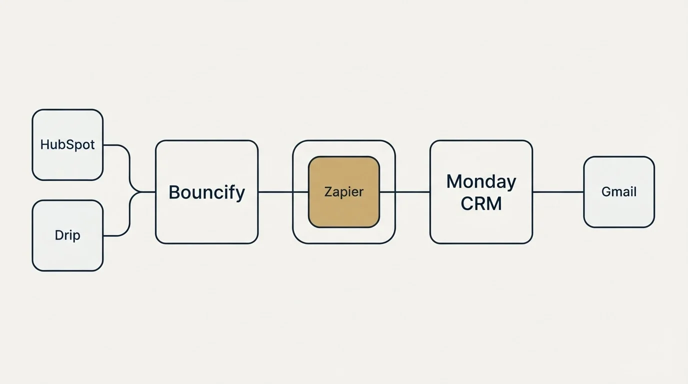 Integration schematic: Integration Ecosystem (Bouncify, Monday CRM, Zapier, HubSpot)