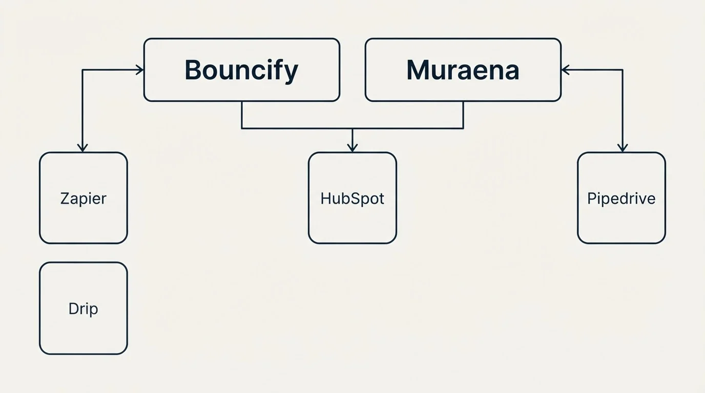 Integration grid: Integration Ecosystem (Bouncify, Muraena, HubSpot, Zapier)
