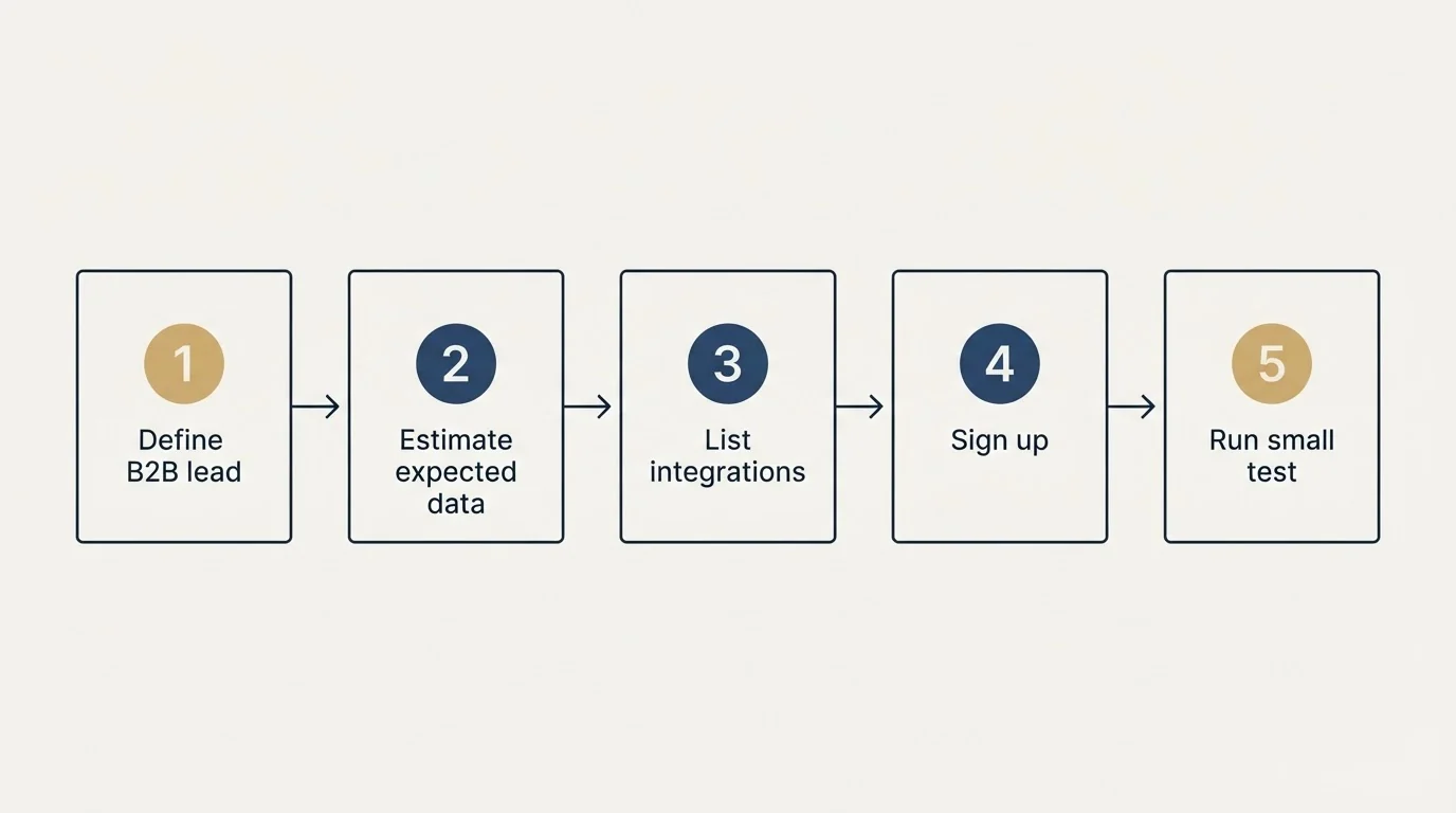 Step sequence: Getting Started Checklist (Define B2B lead, Estimate expected data, List integrations, Sign up)