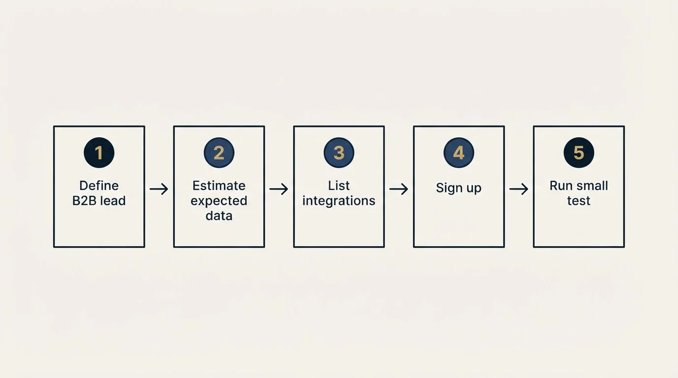 Step sequence: Getting Started Checklist (Define B2B lead, Estimate expected data, List integrations, Sign up)
