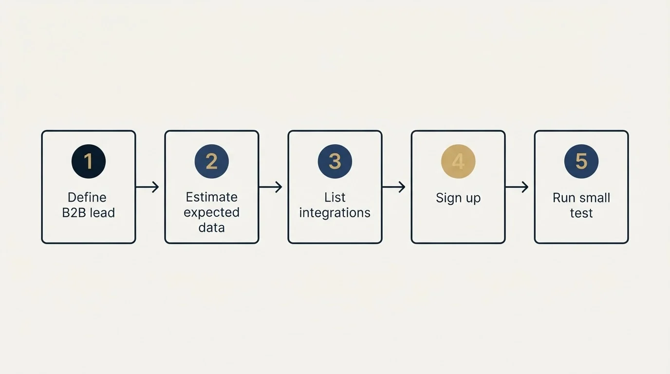 Step sequence: Getting Started Checklist (Define B2B lead, Estimate expected data, List integrations, Sign up)