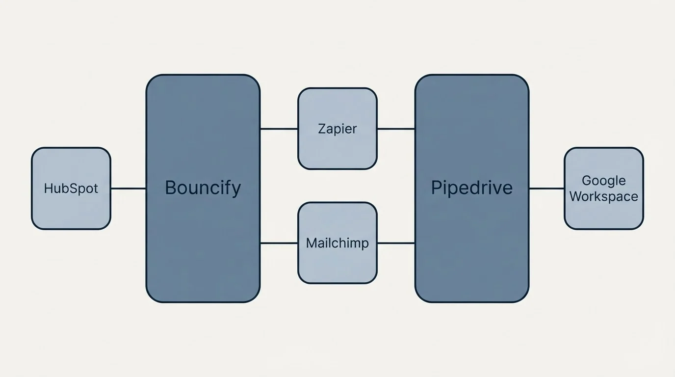 Integration schematic: Integration Ecosystem (Bouncify, Pipedrive, Zapier, Mailchimp)