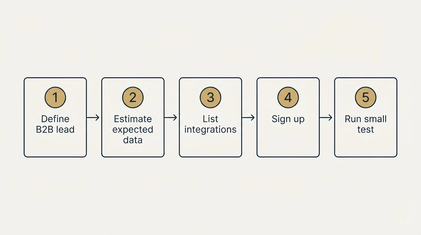 Step sequence: Getting Started Checklist (Define B2B lead, Estimate expected data, List integrations, Sign up)