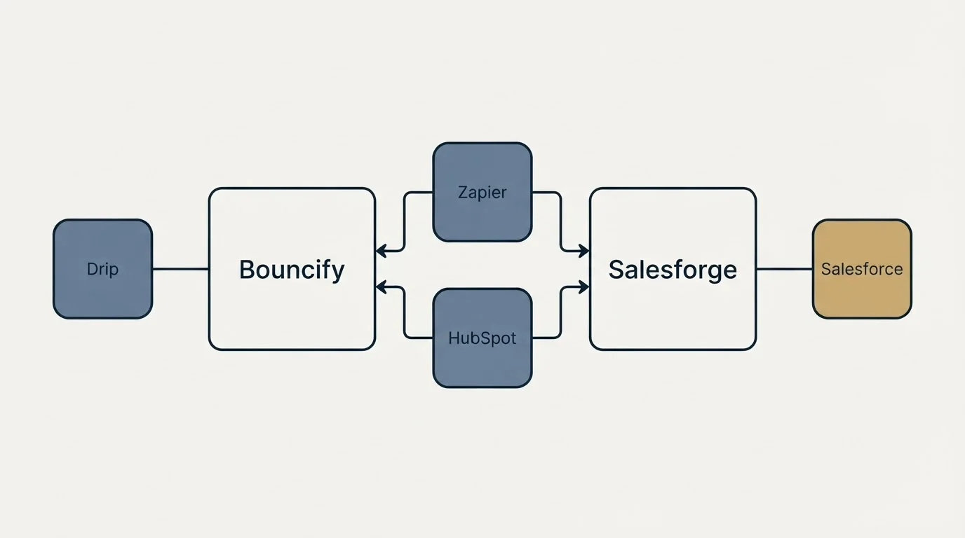 Integration flow: Integration Ecosystem (Bouncify, Salesforge, Zapier, HubSpot)