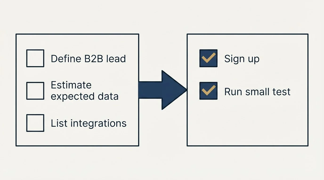Before-and-after steps: Getting Started Checklist (Define B2B lead, Estimate expected data, List integrations, Sign up)