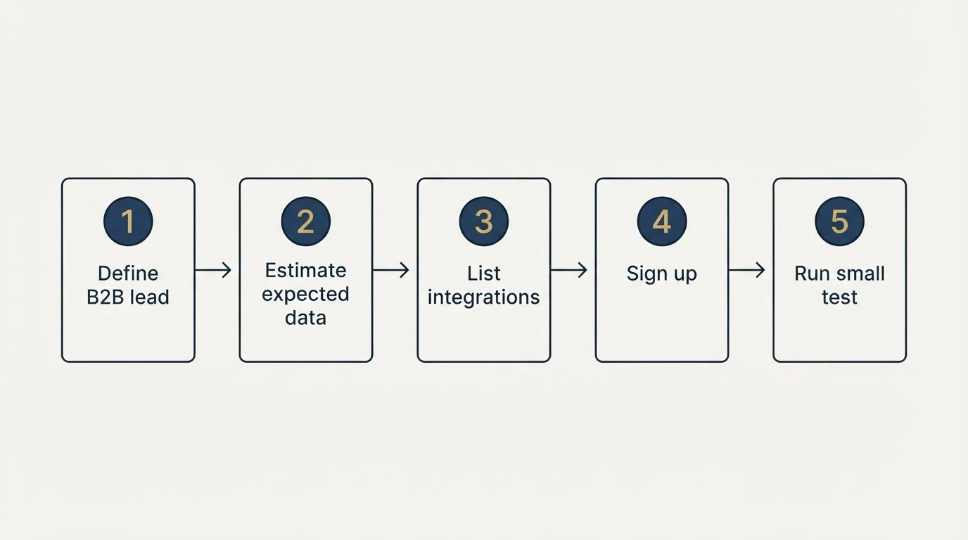 Step sequence: Getting Started Checklist (Define B2B lead, Estimate expected data, List integrations, Sign up)