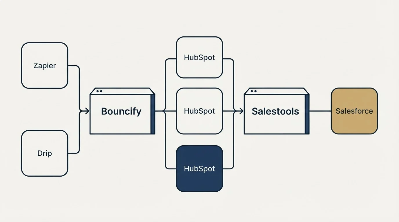 Integration flow: Integration Ecosystem (Bouncify, Salestools, HubSpot, Zapier)