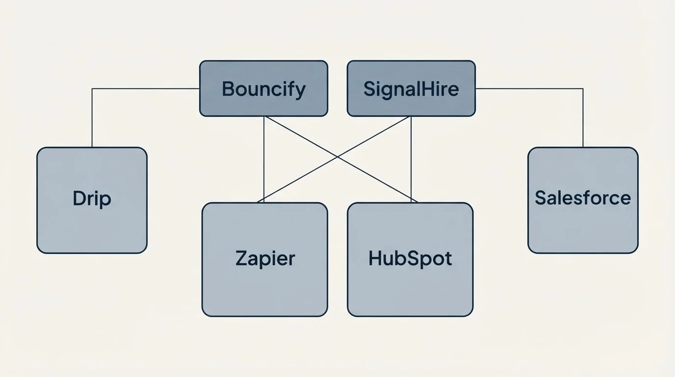 Integration grid: Integration Ecosystem (Bouncify, SignalHire, Zapier, HubSpot)