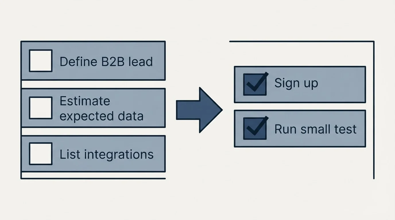 Before-and-after steps: Getting Started Checklist (Define B2B lead, Estimate expected data, List integrations, Sign up)