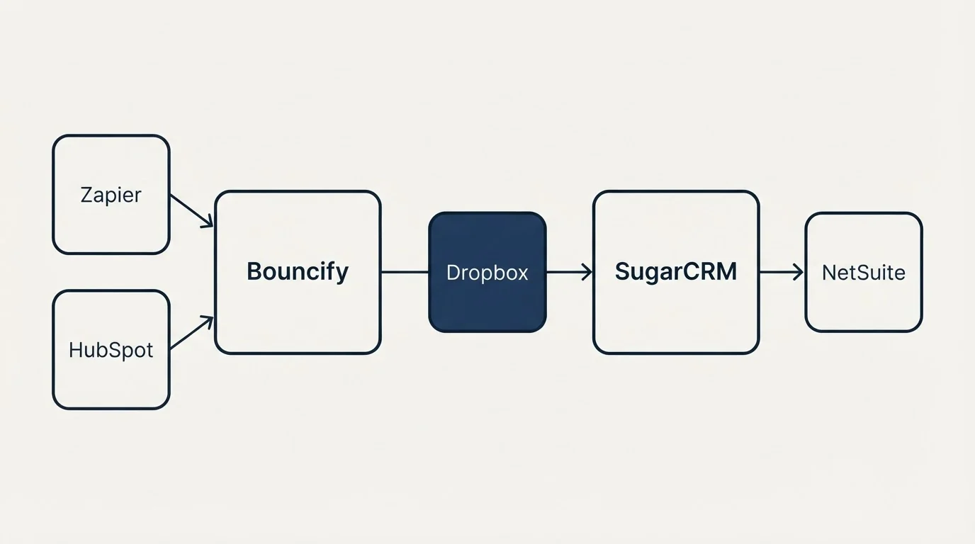 Integration schematic: Integration Ecosystem (Bouncify, SugarCRM, Dropbox, Zapier)