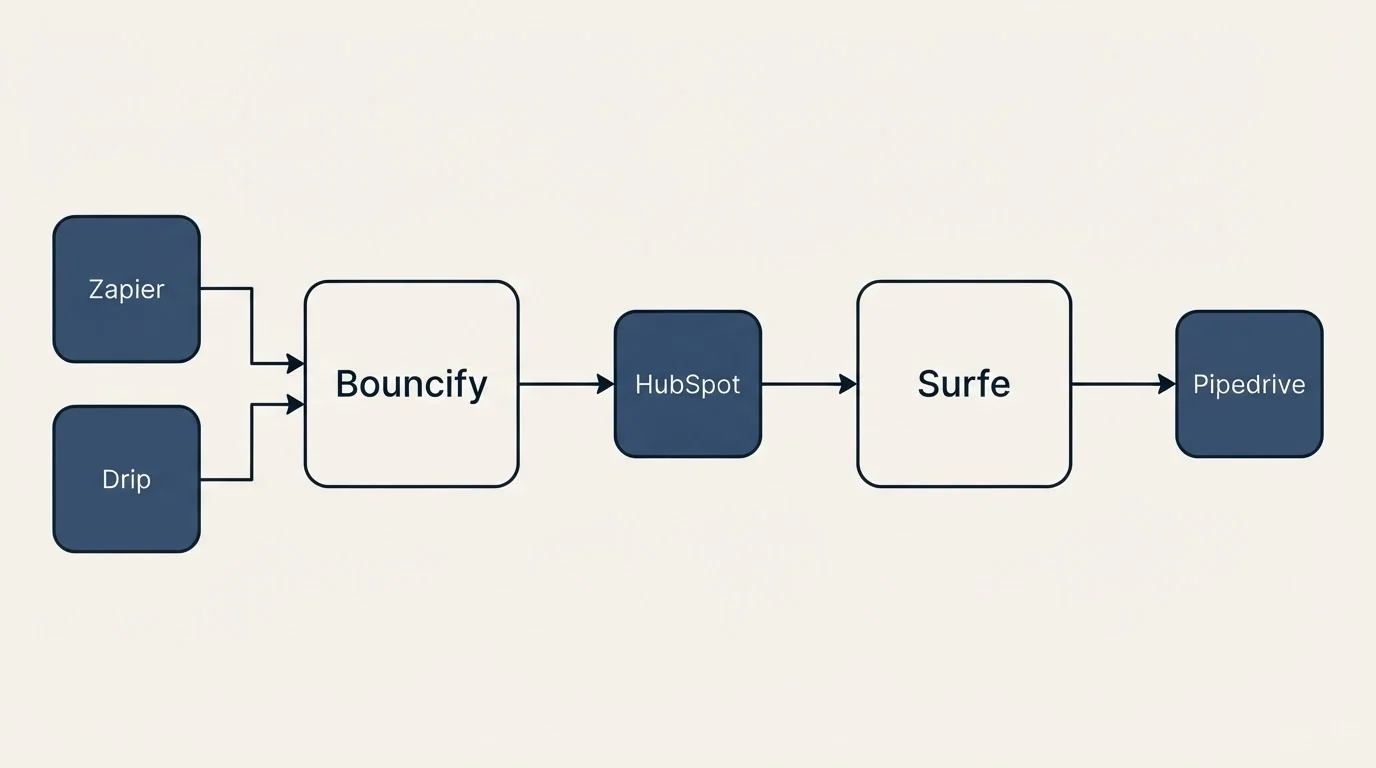 Integration flow: Integration Ecosystem (Bouncify, Surfe, HubSpot, Zapier)