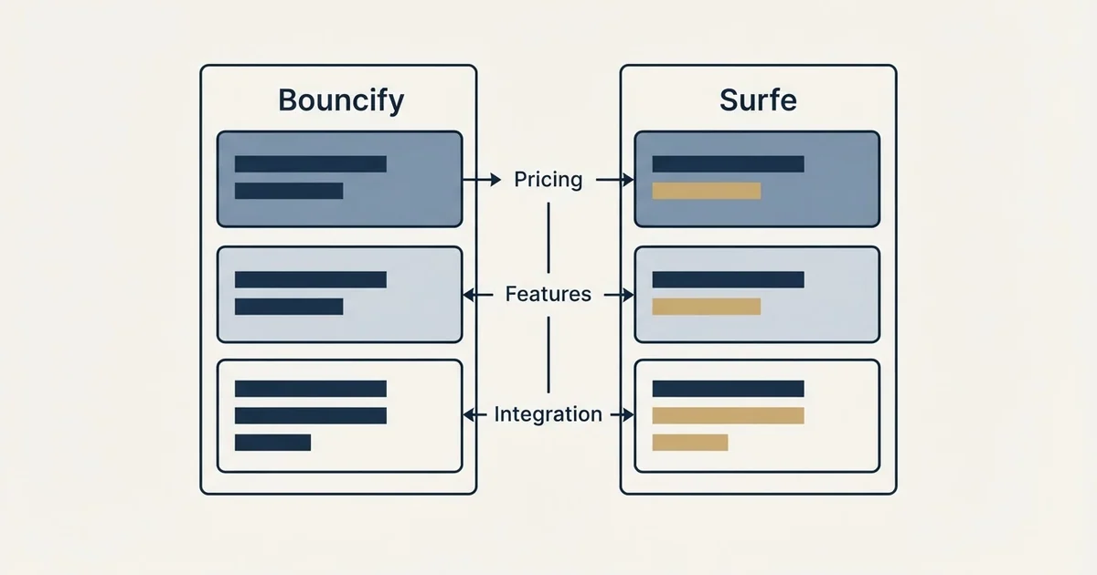 Comparison panel: Bouncify vs Surfe (Pricing, Features, Integration)