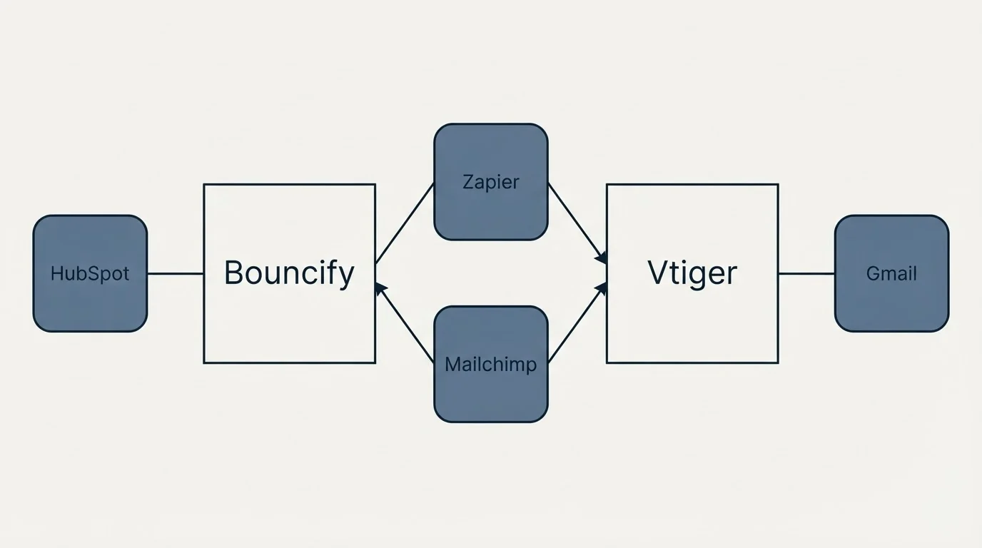 Integration flow: Integration Ecosystem (Bouncify, Vtiger, Zapier, Mailchimp)