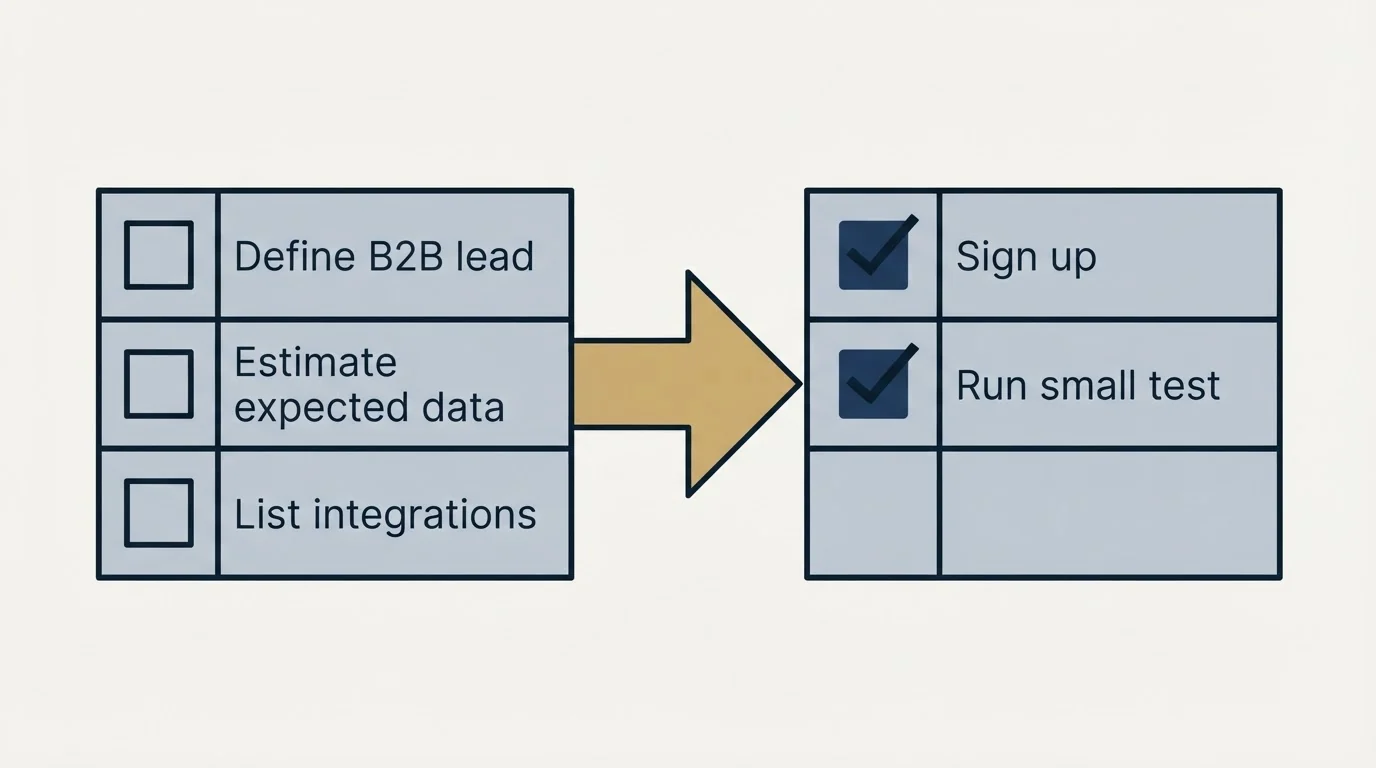 Before-and-after steps: Getting Started Checklist (Define B2B lead, Estimate expected data, List integrations, Sign up)