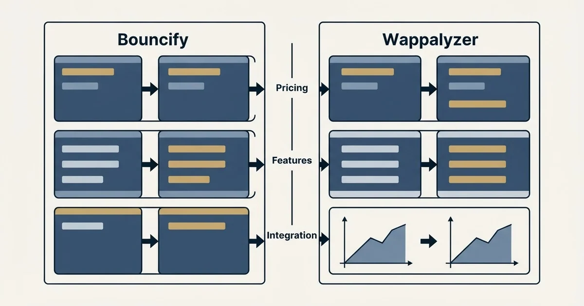 Comparison panel: Bouncify vs Wappalyzer (Pricing, Features, Integration)