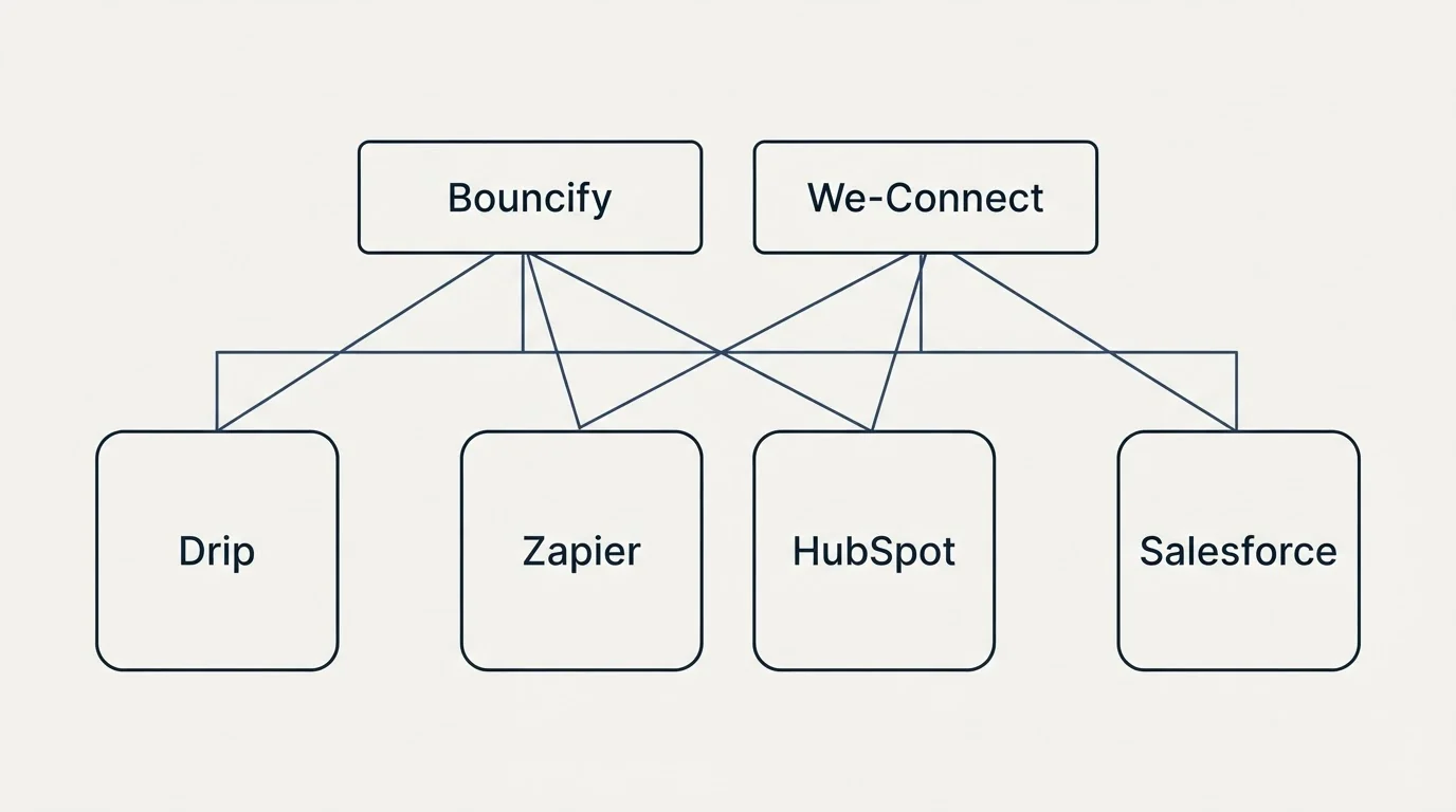 Integration grid: Integration Ecosystem (Bouncify, We-Connect, Zapier, HubSpot)