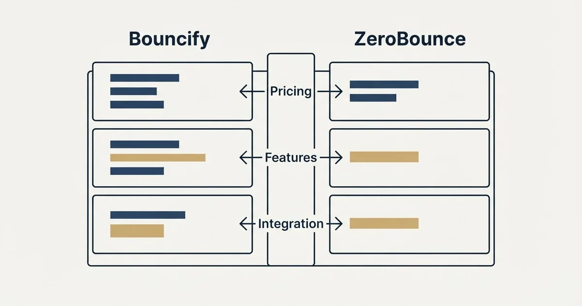 Comparison panel: Bouncify vs ZeroBounce (Pricing, Features, Integration)