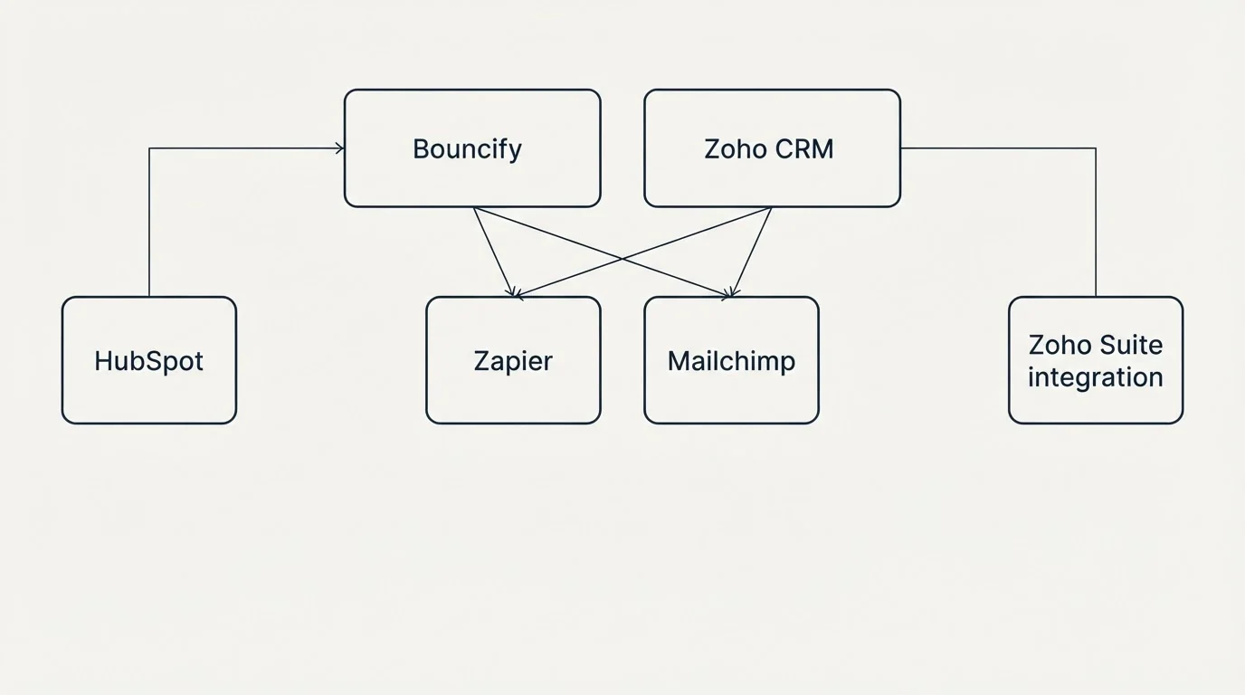 Integration grid: Integration Ecosystem (Bouncify, Zoho CRM, Zapier, Mailchimp)