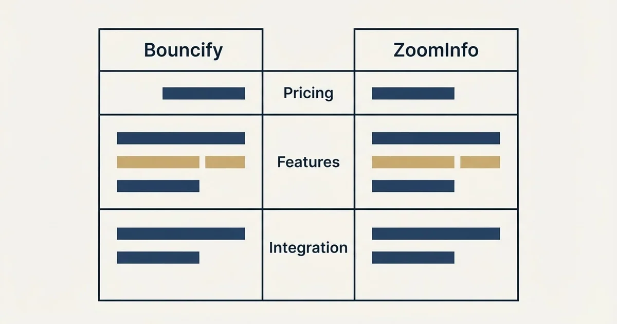 Comparison panel: Bouncify vs ZoomInfo (Pricing, Features, Integration)