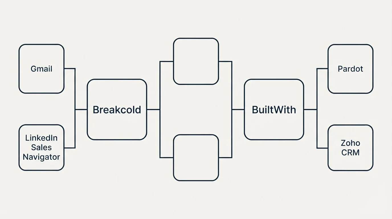 Integration flow: Integration Ecosystem (Breakcold, BuiltWith, Gmail, Pardot)