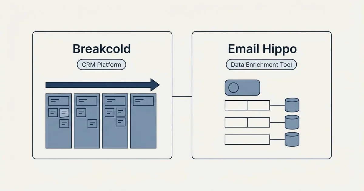 Side-by-side panels: Breakcold vs Email Hippo (CRM Platform, Data Enrichment Tool)