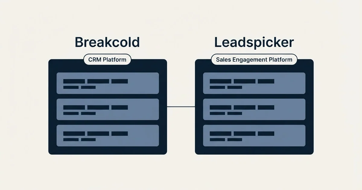 Side-by-side panels: Breakcold vs Leadspicker (CRM Platform, Sales Engagement Platform)