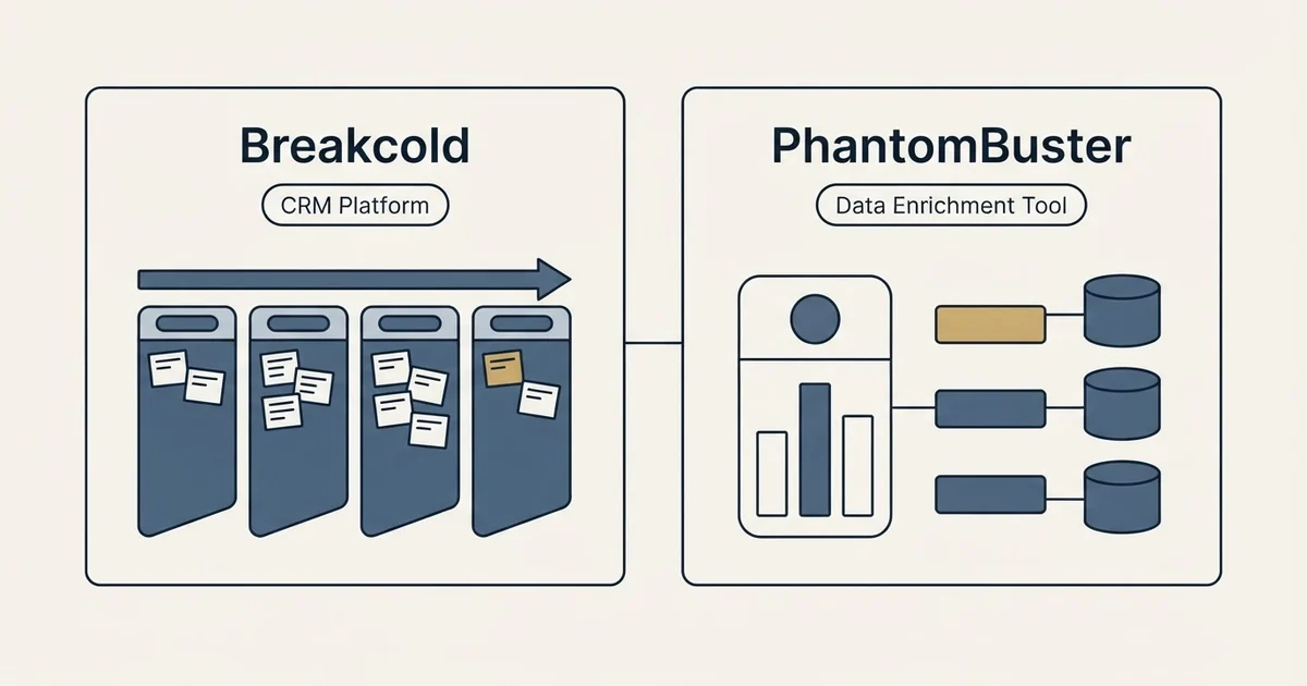 Side-by-side panels: Breakcold vs PhantomBuster (CRM Platform, Data Enrichment Tool)