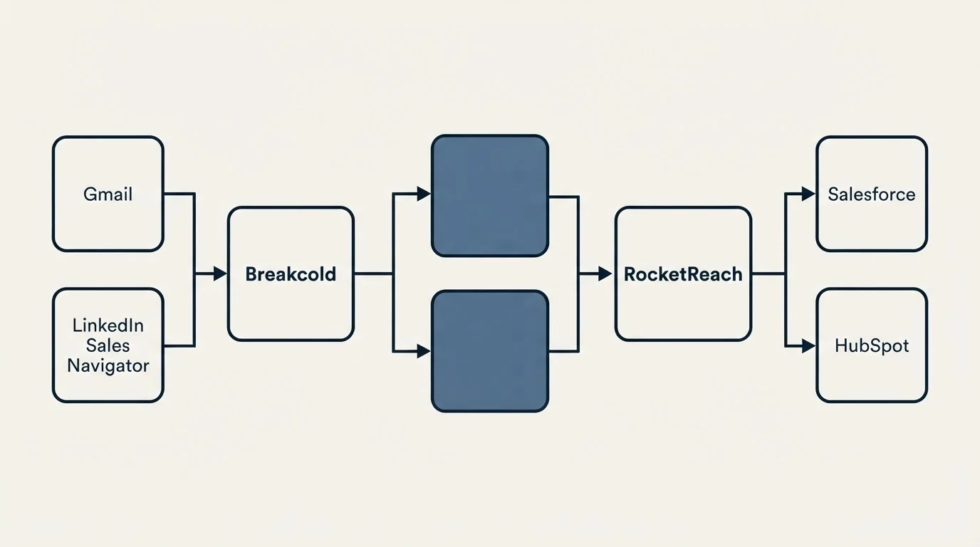 Integration flow: Integration Ecosystem (Breakcold, RocketReach, Gmail, Salesforce)