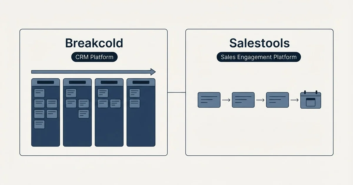 Side-by-side panels: Breakcold vs Salestools (CRM Platform, Sales Engagement Platform)