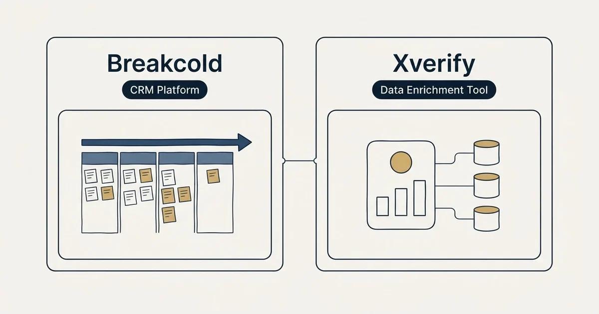 Side-by-side panels: Breakcold vs Xverify (CRM Platform, Data Enrichment Tool)