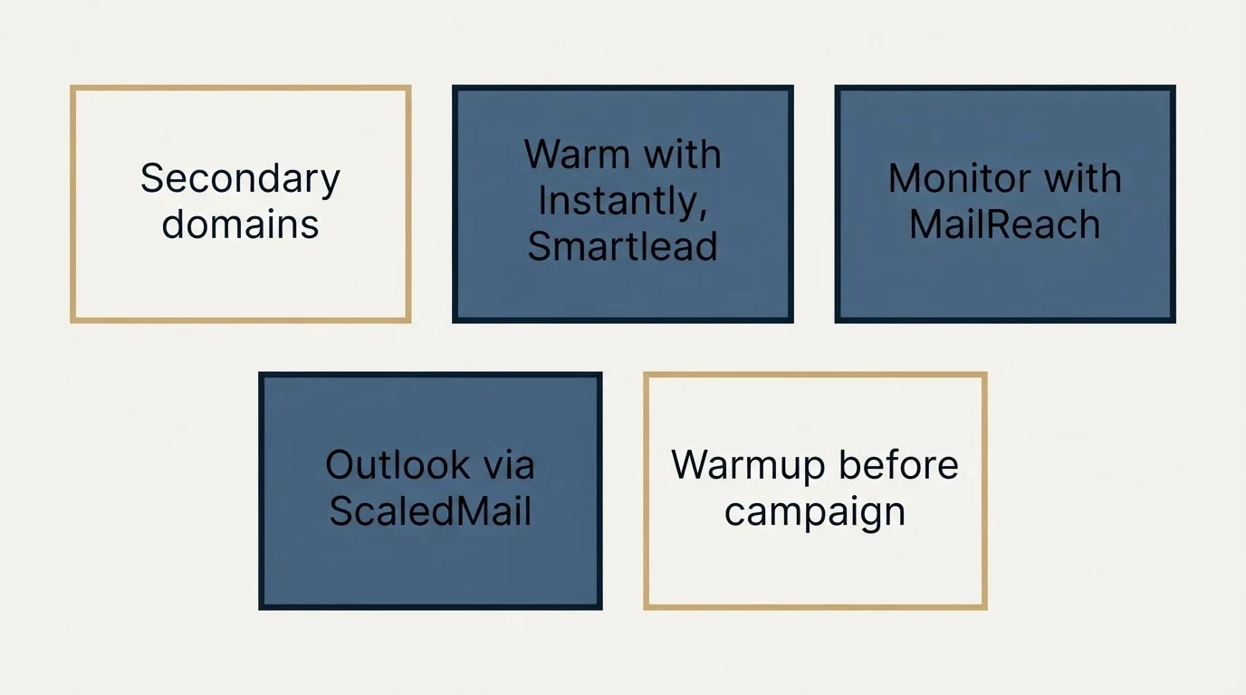 Schematic: Stage: Infrastructure And Deliverability (Secondary domains, Warm with Instantly, Smartlead, Monitor with MailReach, Outlook via ScaledMail)